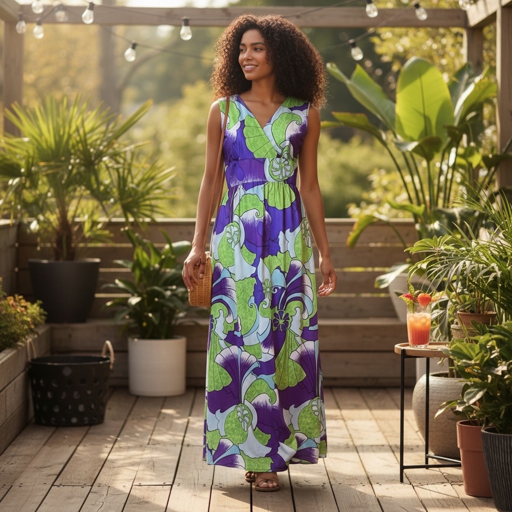 Vintage 1960s Alfred Shaheen Waikiki Hawaii Green Purple Maxi Dress Medium EUC